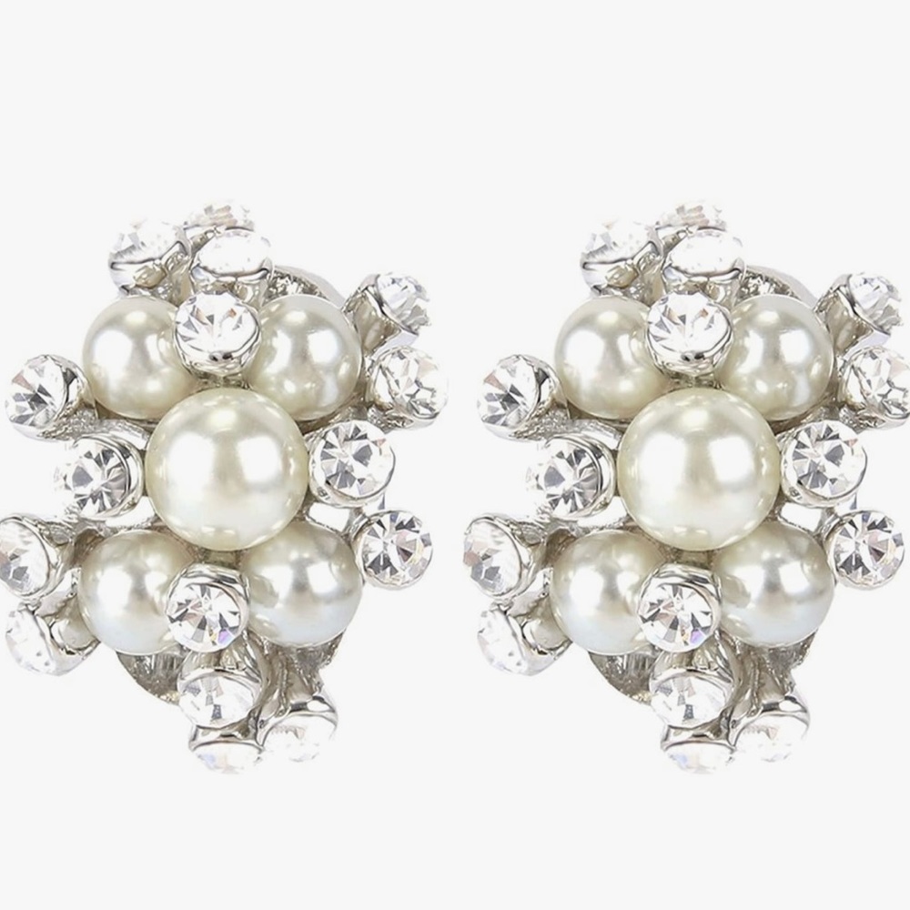 Austrian Crystal White Simulated Bridal Cluster Pierced Earrings NIB